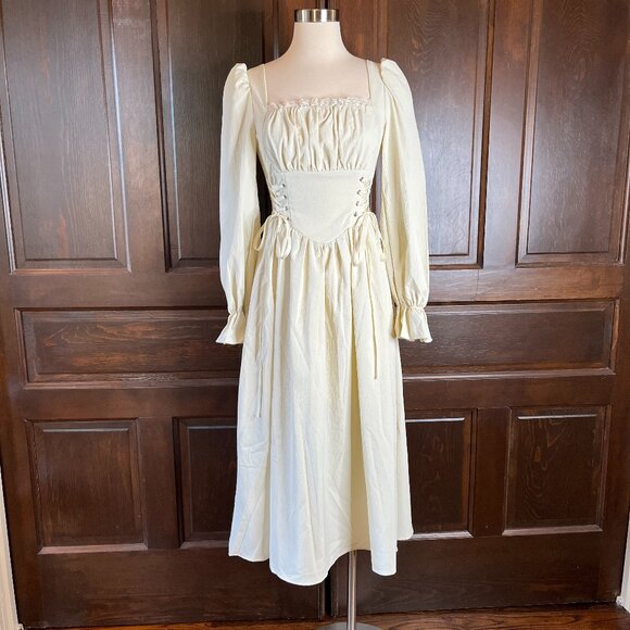 SHEIN Mod Ivory Peasant Dress Retro Corset Ties Smocked Back Renaissance XS NWT - Picture 1 of 14